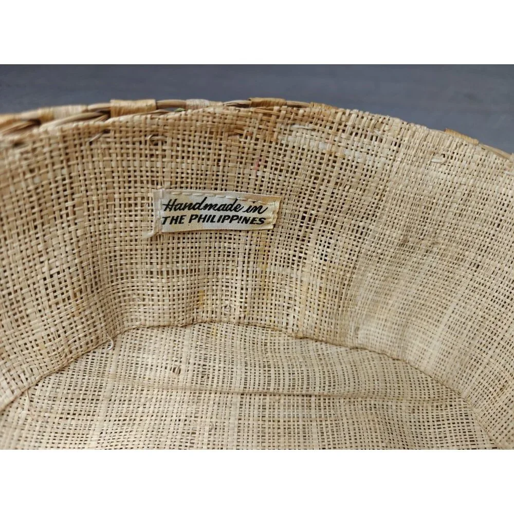 Vintage Woven Raffia Straw Round Casserole Basket With Fruit Accents Handles